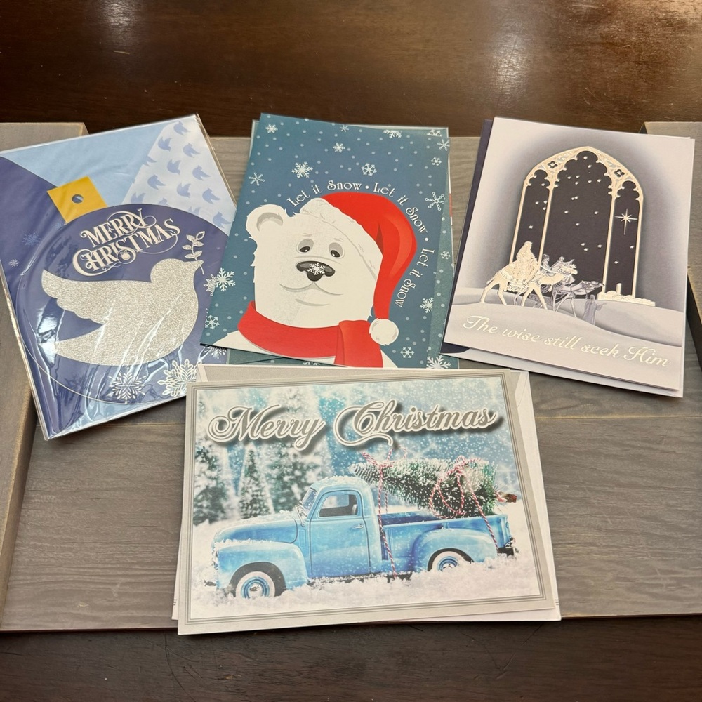 Vintage Christmas Cards Set of 4 with One Silver Glitter Dove Blue Ornament